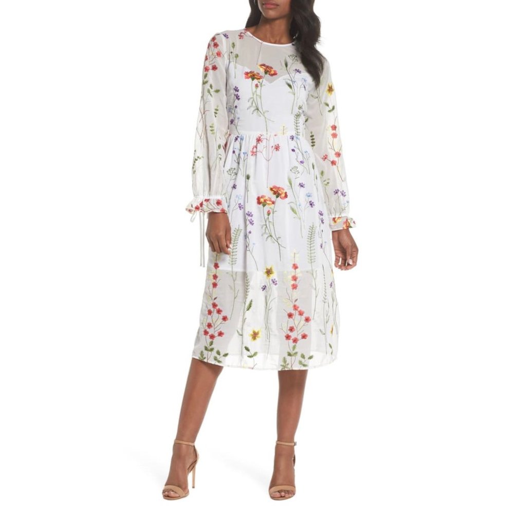 Chelsea28 Sheer Floral Embroidered Midi Dress S